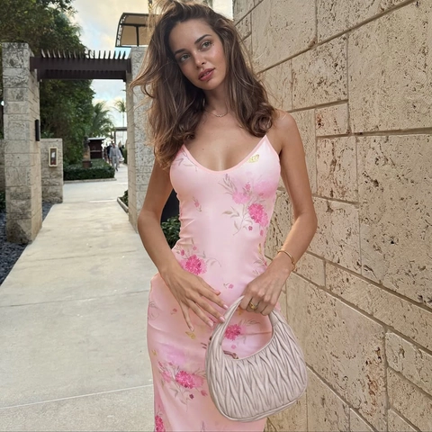 Pink Floral Print Backless Lace Up Maxi Dress Sleeveless V Neck Slim Fit Sexy Summer Vacation Women