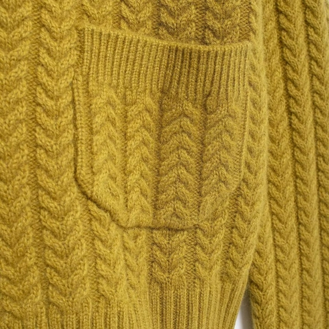 Women Cable Knit Cardigan Sweater Round Neck Long Sleeve Button Down Mustard Yellow Solid Color Casual Outwear With Pockets