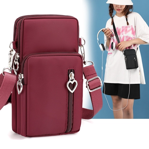 Nylon Mobile Phone Crossbody Bag Waterproof Multi Layer Zipper Heart Pull Adjustable Strap Casual Mini Shoulder Bag For Women