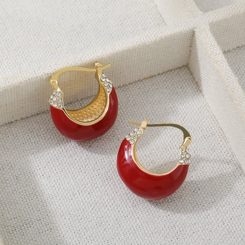 Earrings Wine Red Enamel Copper Base With Zircon Accents French Retro Geometric Jewelry For Women Elegant Vintage Design
