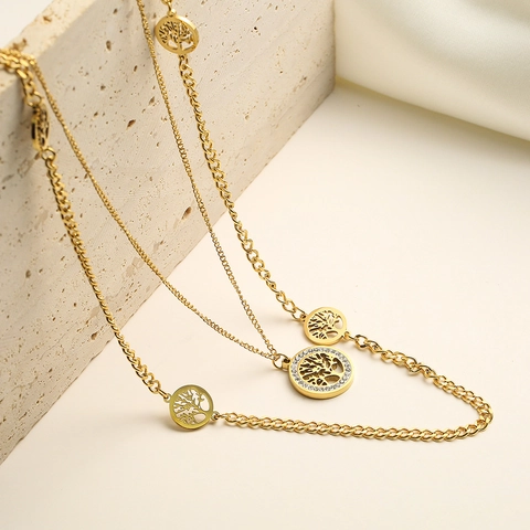 Tree Of Life Pendant Necklace Titanium Steel Gold Plated Round Cubic Zirconia Niche Design Fashion Jewelry For Women