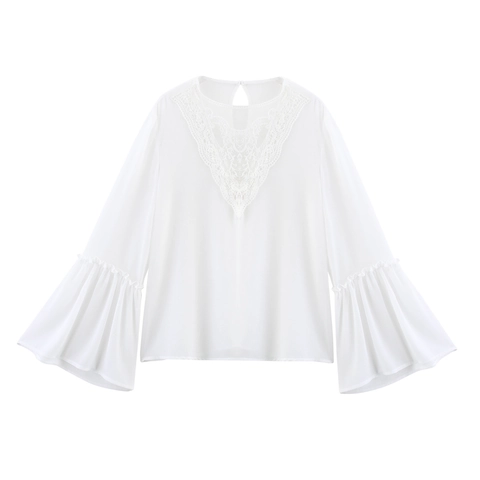 Women White Chiffon Blouse With Lace Splicing Elegant Long Flare Sleeves Round Neck Office Commute Tops