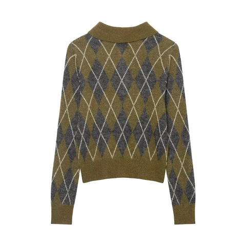 Argyle Muster Langarm Polo Strickpullover Retro Vintage V Ausschnitt Knopf Pullover Top Damen