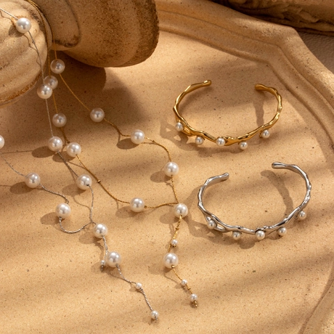 Elegante Collana E Bracciale In Acciaio Inossidabile Con Künstliche Perle Stile Pendolare Minimalista Accessori Donna