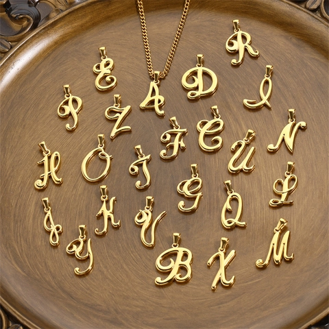 Cursive Initial Letter Pendant Necklace Stainless Steel 18K Gold Plated Script Alphabet Necklaces Minimalist Jewelry Unisex