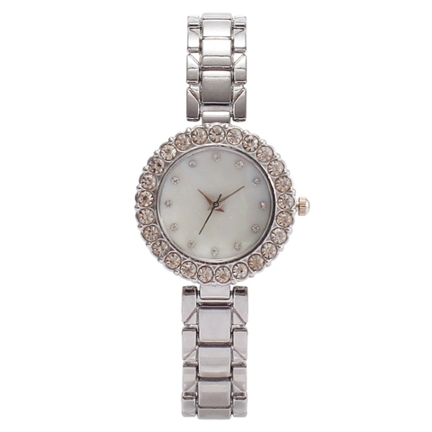 Women's Quartz Watch With Rhinestone Bezel Mother Of Artificial Pearl Dial Metal Strap Fashion Elegant Wristwatch