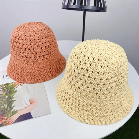 Hollow Woven Straw Crochet Bucket Hat Breathable Sunscreen Summer Beach Fisherman Hat For Women