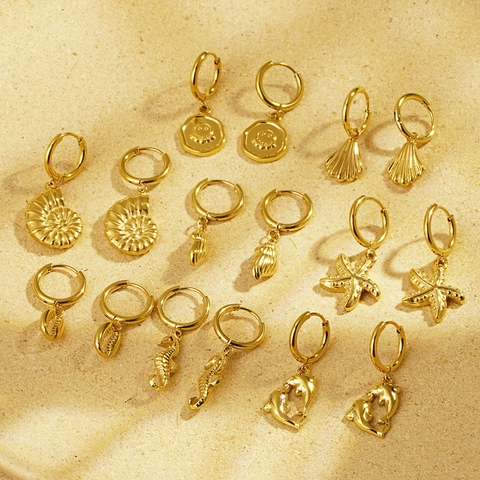 Zeedieren Hoop Drop Oorbellen Roestvrij Staal Zeester Zeepaardje Schelp Dolfijn Charme Zomer Strand Sieraden Voor Vrouwen