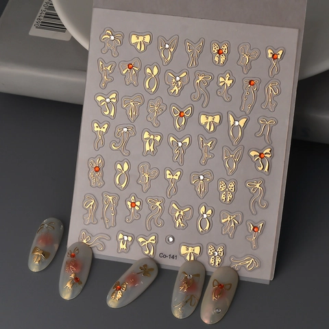 5D Relief Nail Art Stickers Gold Bowknot Ribbon Design Rhinestone Waterproof DIY Manicure Decor French Sweet Elegant