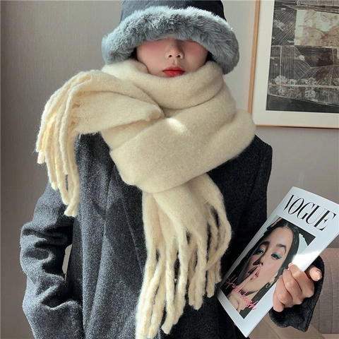 Thickened Winter Scarf For Women Solid Color Mohair-like Warm Long Shawl With Tassels Soft Elegant Simple Accessories