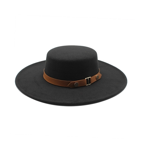 Women Retro Flat Top Boater Hat Wool Felt Wide Brim With Leather Belt Buckle Elegant British Style