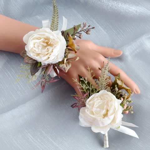 Ivory White Satin Rose Wedding Boutonniere And Wrist Corsage Set Faux Artificial Pearl Ribbon Groom Groomsmen Bridesmaid Decor