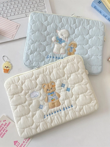 Cartoon Animal Embroidery Laptop Sleeve Quilted Cloud Texture Shockproof Tablet Inner Bag Soft Portable Ins Style Bag
