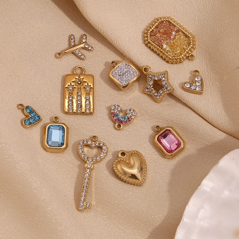 Stainless Steel Charms Pendants 14K Gold Plated Zircon Rhinestone Inlay Heart Geometric Shapes DIY Jewelry Making Accessories