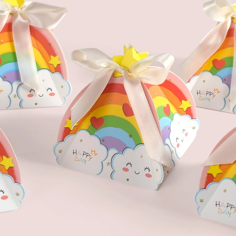 Regenbogen Bonbons Geschenkschachtel Karton Faltbar Pyramide Mit Schleife Cartoon Wolke Stern Für Geburtstag Party