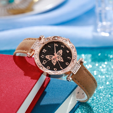 Reloj De Cuarzo De Moda Para Mujer Esfera De Mariposa Y Cielo Estrellado Bisel De Strass Caja Oro Rosa Correa Cuero PU Elegante