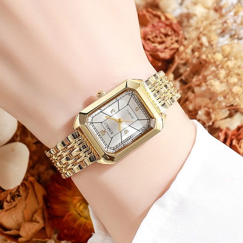 Montre à Quartz de Luxe pour Femme Boîtier Rectangulaire en Alliage Bracelet Chaîne Montre-bracelet Élégante Cadeau pour Dame