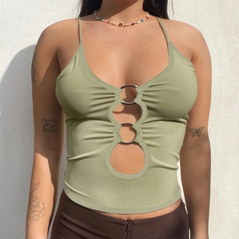 Plus Size Women Sexy Tank Top Polyester Spandex Hollow Out Metal Ring Backless Cropped Slim Fit Summer Streetwear