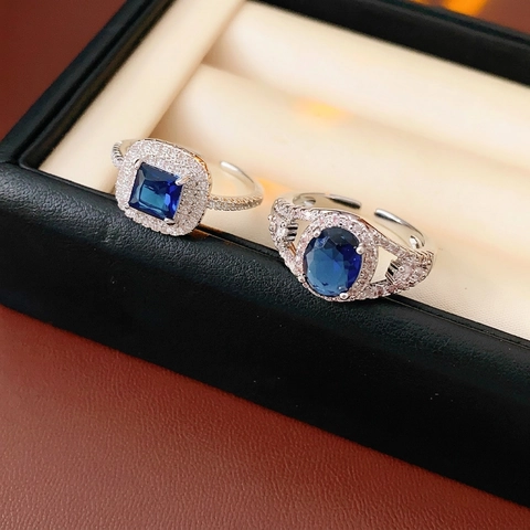 Adjustable Ring Copper Blue Zircon Geometric Open Design Elegant Luxury Sapphire Style Jewelry For Women Niche Gift