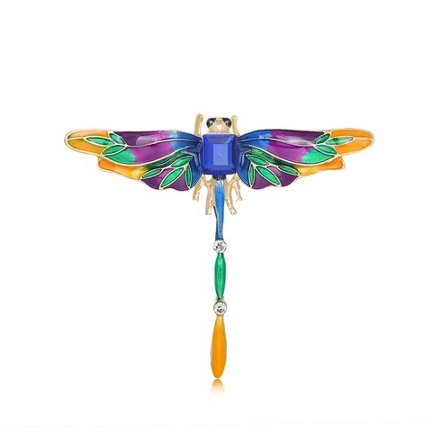Vintage Dragonfly Brooch Alloy Multi Color Enamel Insect Pin With Blue Square Gemstone And Rhinestones For Women