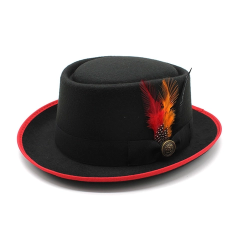 Vintage Pork Pie Hut Wollfilz Mit Federdekor Und Metallemblem Britischer Retro Stil Für Damen Und Herren