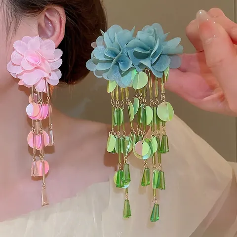 Orecchini Pendenti Con Fiori In Chiffon Con Perno In Argento Sterling 925 Paillette Perline Romantico Boho Per Donna