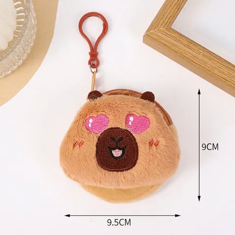 Cute Capybara Plush Coin Purse Mini Wallet Keychain Cartoon Animal Bag Charm With Hook Soft Stuffed Capybara Head Shaped Storage Bag