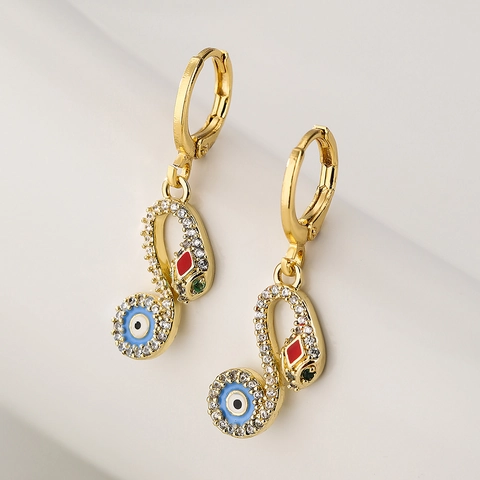 Pendientes De Aro De Serpiente Mal De Ojo Cobre Chapado En Oro De 18K Circón Esmalte Joyería Para Mujer Moda