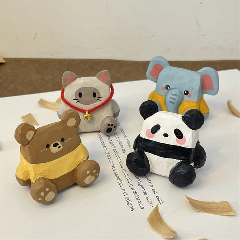 Ornements De Bureau Miniatures Animaux En Bois Sculptés À La Main Chat Panda Ours Éléphant Figurine Décoration Rustique