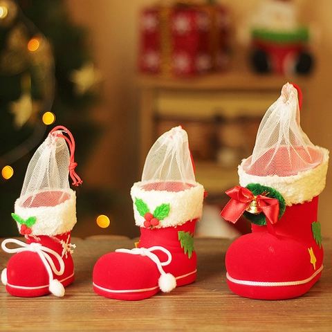 Bottes De Noël Sac À Bonbons Flocage Plastique Porte-Cadeau Cordon Maille Pour Décoration De Table Fête Rouge