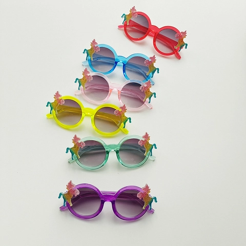 Kids Sunglasses Round Frame UV400 Protection Plastic PC Lenses Glitter Unicorn Decor Fashion Outdoor For Boys Girls