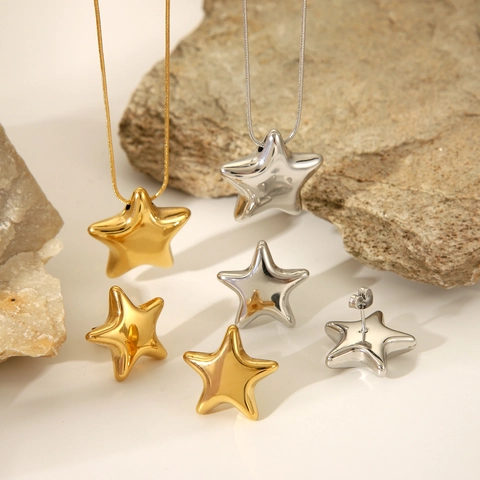 Collana Stella E Orecchini Placcata Oro 18K Acciaio Inossidabile Gioielli Geometrici Per Donna Minimalista