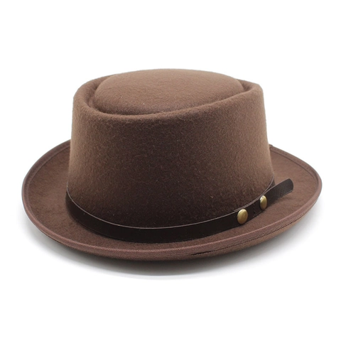 British Vintage Wool Felt Pork Pie Hat Solid Color Retro Flat Top Fedora With Leather Band And Rivets Gentleman