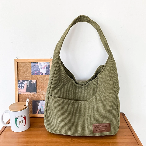 Corduroy Tote Bag For Women Large Capacity Retro Shoulder Handbag Front Pocket Leather Patch Versatile Casual Style Daily