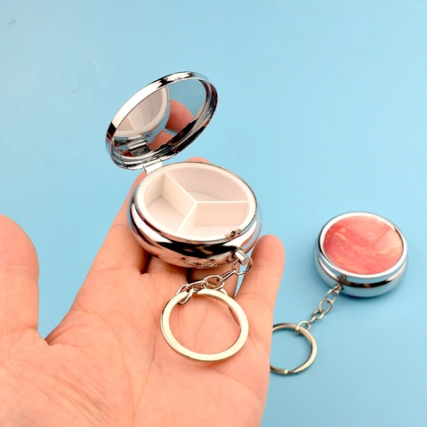 Tragbare Runde Metall Pillendose Mit Spiegel Marmor Textur Schlüsselanhänger Schmuck Organizer Reise Box