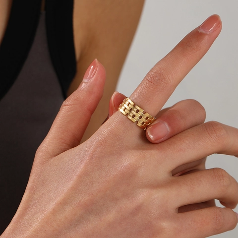 Geometrischer Quadratischer Kettenstruktur Ring Edelstahl Vergoldet Französischer Retro Verstellbar Offen Schmuck Damen