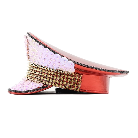 Cappello Da Capitano Militare Con Paillettes Rosa Borchie Dorate E Strass Per Feste Festival Burning Man Spettacolo
