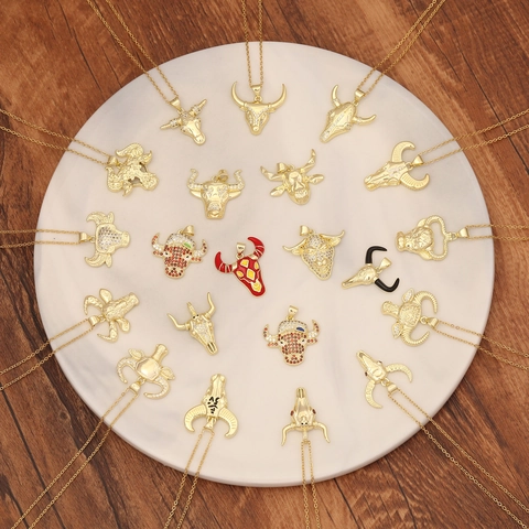 Collana Con Ciondolo A Testa Di Toro Rame Zircone Smalto Personalità Catena Clavicola Gioielli Alla Moda Per Uomini Donne
