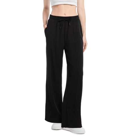 Pantalones De Pierna Ancha De Punto Acanalado Para Mujer Cintura Elástica Con Cordón Color Sólido Casual