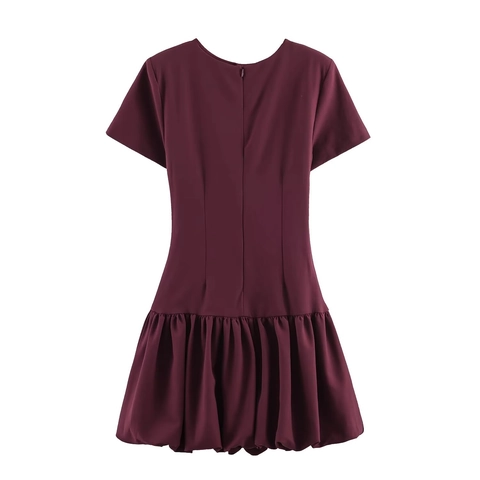 Weinrotes Rundhals Kurzarm Kleid Mit Ballon Saum Seitlich Gerafft Polyester Mode Mini Partykleid