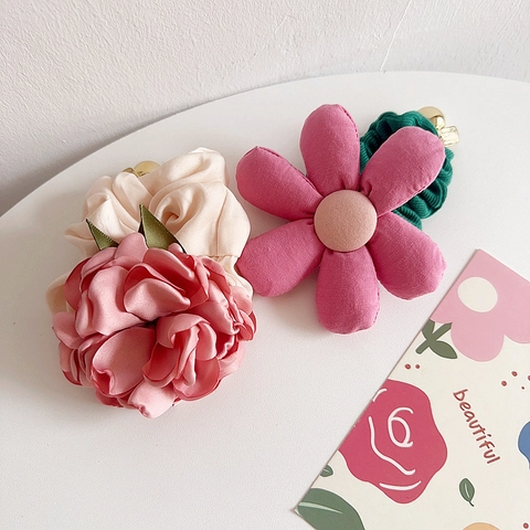 Kids Flower Hair Tie Satin Large Pink Rose Scrunchie French Rural Style With Golden Bell Decoration For Girls