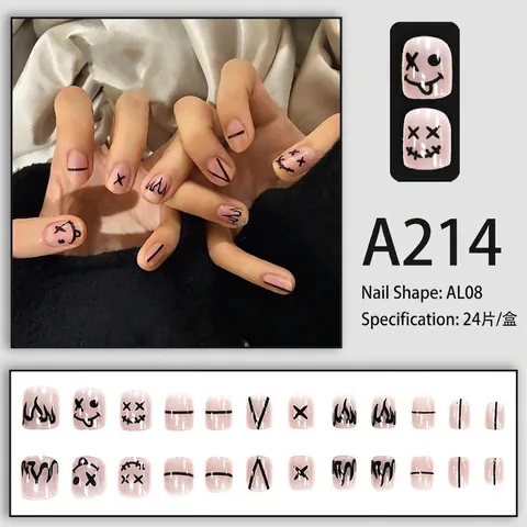 Drucknägel Halloween Graffiti Smiley Gesicht Flammenmuster Pink Nude Full Cover Künstliche Nägel Mit Kleber