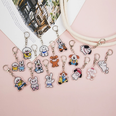 Mignon Dessin Animé Chiot Lapin Porte Clés Acrylique Double Face Sac Pendentif Accessoires Style Coréen Cadeau