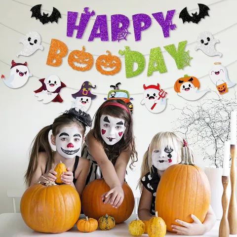 Halloween Party Dekoration Glitzerpapier Happy Boo Day Banner Gespenst Kürbis Kuchendeckel Hängende Girlande Ornamente