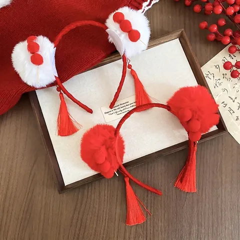 Diadema De Bolas De Peluche Rojas Y Blancas Con Borlas Largas Terciopelo Estilo Chino Año Nuevo Accesorios Para El Cabello