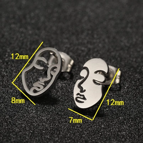 Abstract Face Stud Earrings Stainless Steel Asymmetric Hollow Line Profile Artistic Retro Minimalist Jewelry For Women