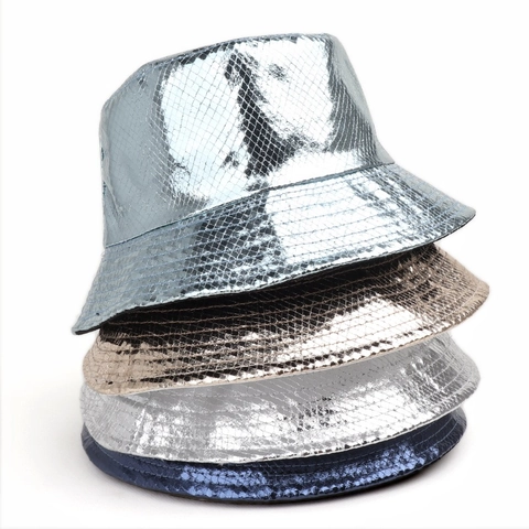Cappello Alla Pescatora Reversibile Metallico Pelle Verniciata Motivo Serpente Hip Hop Streetwear Protezione Solare