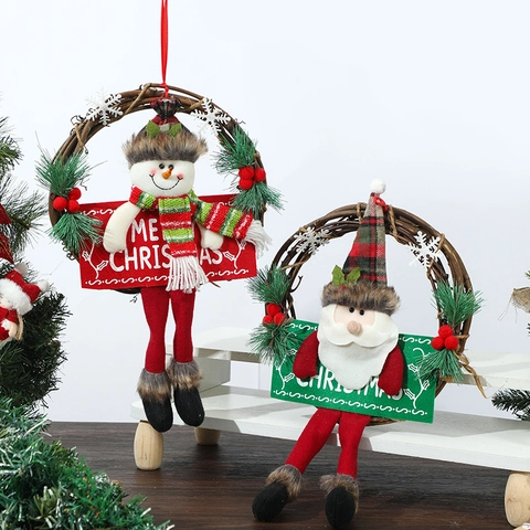 Weihnachts-Rattan-Kranz Hängende Weihnachtsmann Schneemann Plüschpuppe Wandtür Dekoration Fröhliche Weihnachten Schild