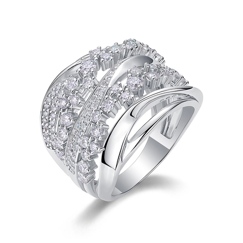 Multi Layer Cross Winding Wide Band Ring Copper White Gold Plated Zirconia Micro Pave Elegant Jewelry For Women
