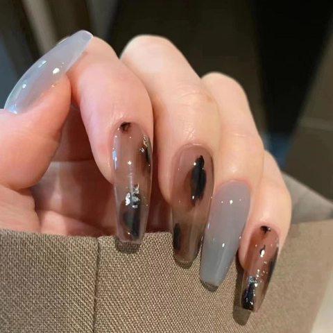 Unghie Finte Forma Bara Ambra Marmo Grigio Blu Con Foglia D'Argento Manicure Fai Da Te Accessori Moda Riutilizzabili Per Donne